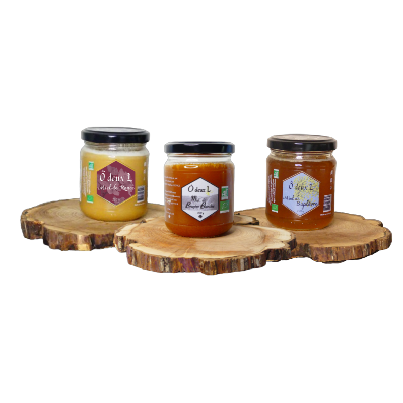 Lot de 3 miels : ronce, bruyère blanche et buplèvre 750g